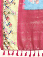 Turquoise Kanjeevaram Silk Digital Print Floral Saree with Unstitched Blouse - Hiral Fashion | Grocsy