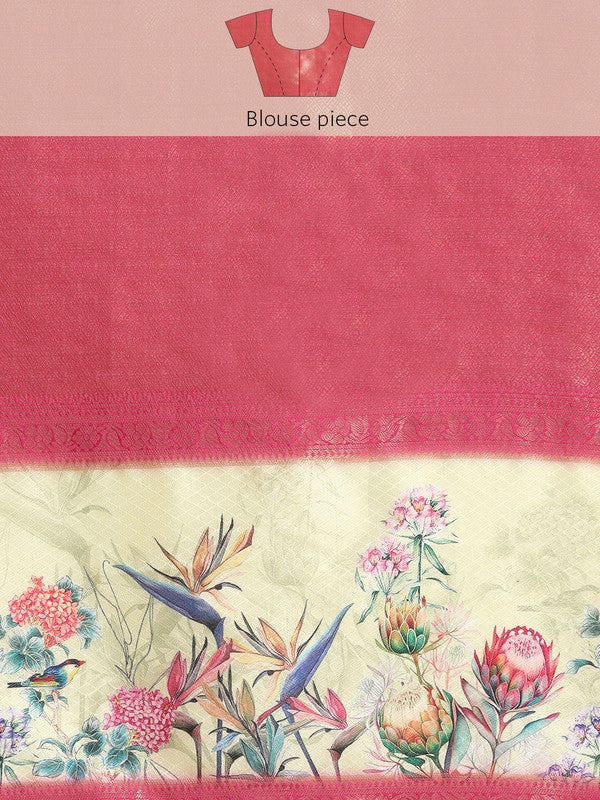 Turquoise Kanjeevaram Silk Digital Print Floral Saree with Unstitched Blouse - Hiral Fashion | Grocsy