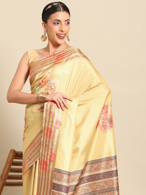 Mustard Art Silk Printed Floral Saree with Unstitched Blouse - Hiral Fashion | Grocsy