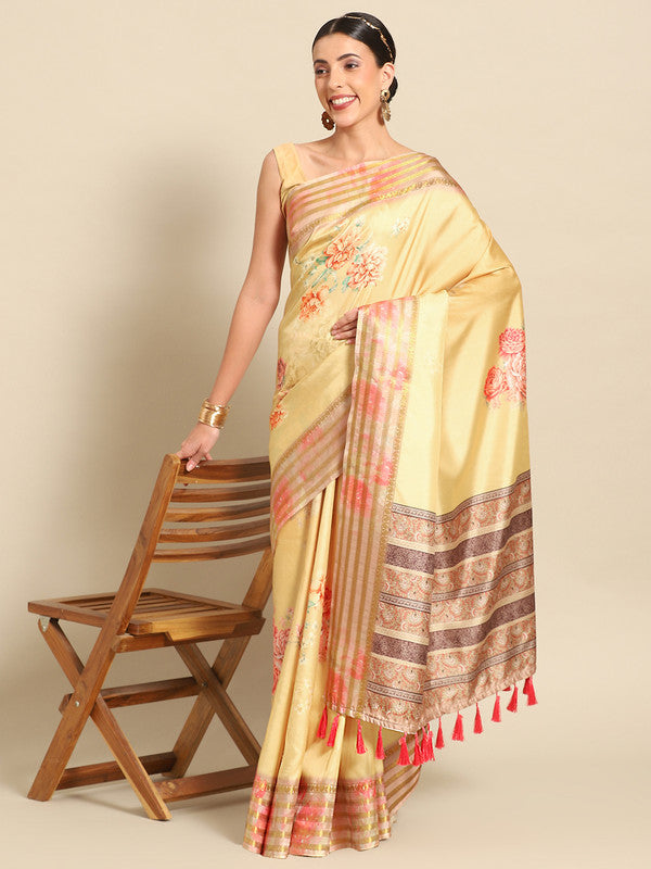 Mustard Art Silk Printed Floral Saree with Unstitched Blouse - Hiral Fashion | Grocsy