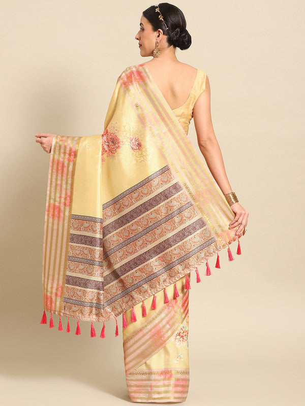 Mustard Art Silk Printed Floral Saree with Unstitched Blouse - Hiral Fashion | Grocsy
