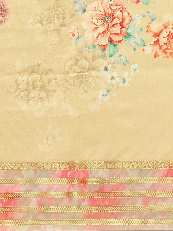 Mustard Art Silk Printed Floral Saree with Unstitched Blouse - Hiral Fashion | Grocsy