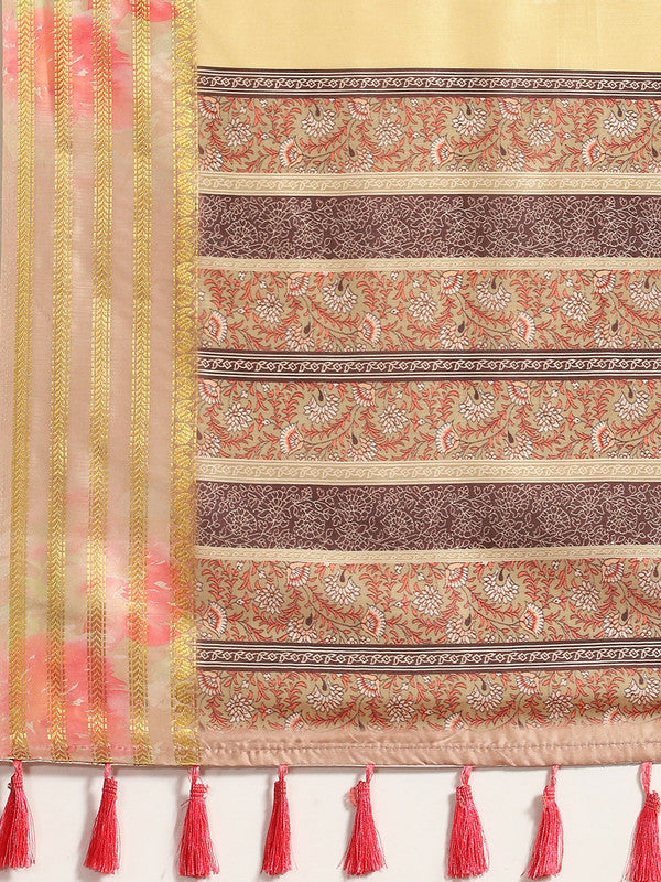 Mustard Art Silk Printed Floral Saree with Unstitched Blouse - Hiral Fashion | Grocsy