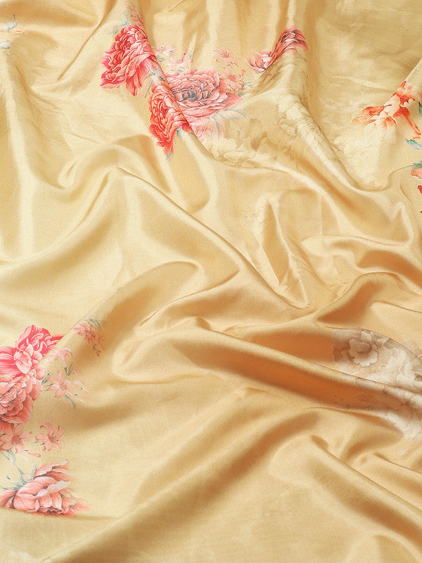 Mustard Art Silk Printed Floral Saree with Unstitched Blouse - Hiral Fashion | Grocsy
