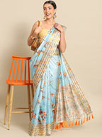 Blue Art Silk Printed Floral Saree with Unstitched Blouse - Hiral Fashion | Grocsy
