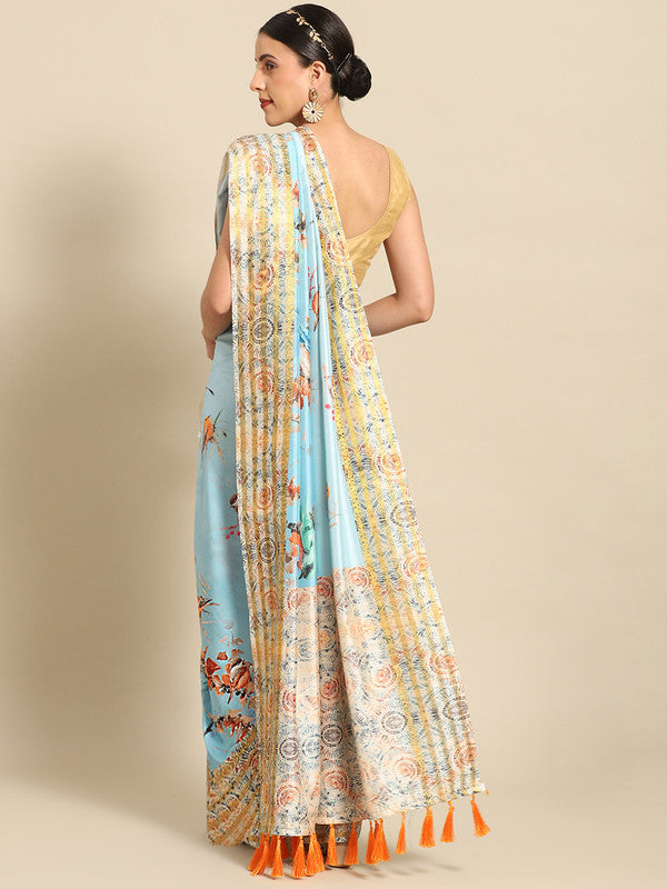 Blue Art Silk Printed Floral Saree with Unstitched Blouse - Hiral Fashion | Grocsy