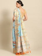 Blue Art Silk Printed Floral Saree with Unstitched Blouse - Hiral Fashion | Grocsy