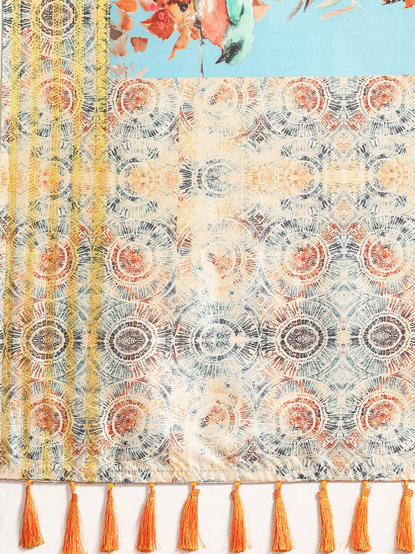 Blue Art Silk Printed Floral Saree with Unstitched Blouse - Hiral Fashion | Grocsy