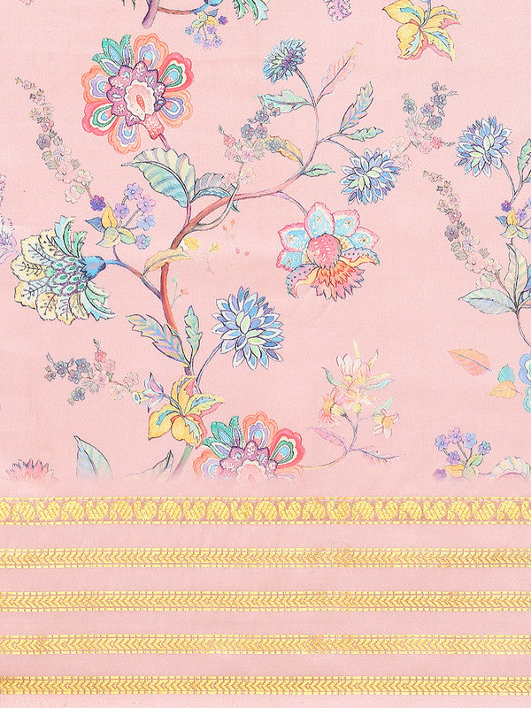 Pink Art Silk Printed Floral Saree with Unstitched Blouse - Hiral Fashion | Grocsy