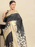 Black Art Silk Printed Floral Saree with Unstitched Blouse - Hiral Fashion | Grocsy