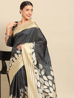 Black Art Silk Printed Floral Saree with Unstitched Blouse - Hiral Fashion | Grocsy