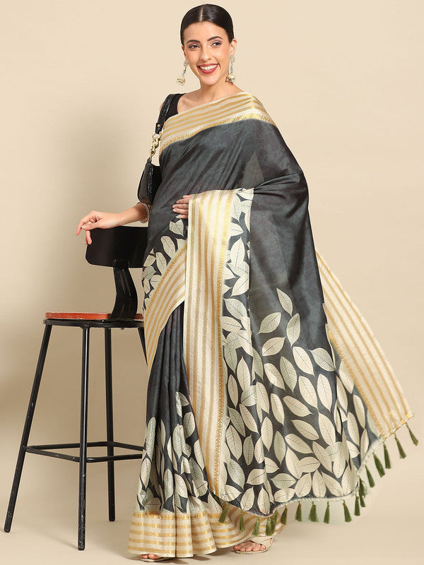Black Art Silk Printed Floral Saree with Unstitched Blouse - Hiral Fashion | Grocsy