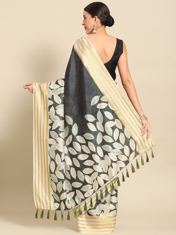 Black Art Silk Printed Floral Saree with Unstitched Blouse - Hiral Fashion | Grocsy