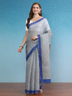 Gray Silk Cotton Digital Print Striped Saree with Unstitched Blouse - Hiral Fashion | Grocsy