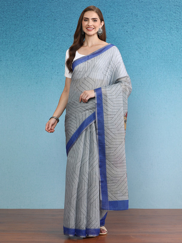 Gray Silk Cotton Digital Print Striped Saree with Unstitched Blouse - Hiral Fashion | Grocsy