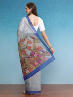 Gray Silk Cotton Digital Print Striped Saree with Unstitched Blouse - Hiral Fashion | Grocsy