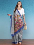 Gray Silk Cotton Digital Print Striped Saree with Unstitched Blouse - Hiral Fashion | Grocsy