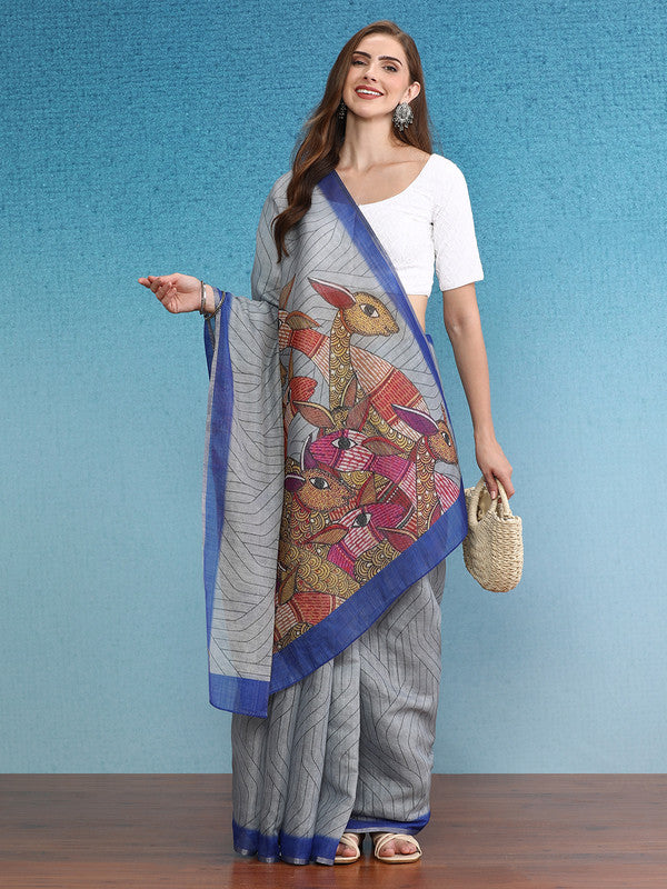 Gray Silk Cotton Digital Print Striped Saree with Unstitched Blouse - Hiral Fashion | Grocsy