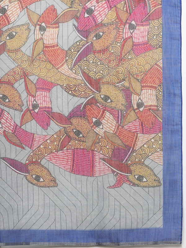 Gray Silk Cotton Digital Print Striped Saree with Unstitched Blouse - Hiral Fashion | Grocsy