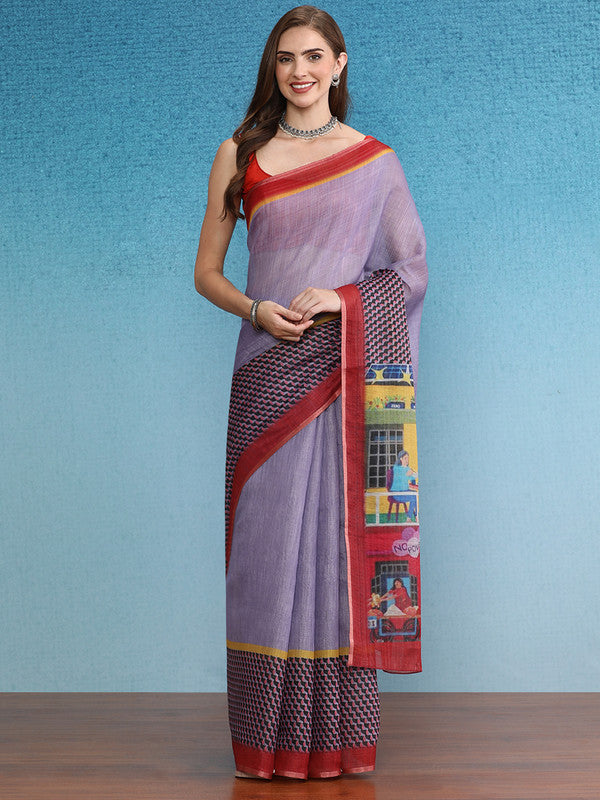 Lavender Silk Cotton Digital Print Solid Saree with Unstitched Blouse - Hiral Fashion | Grocsy