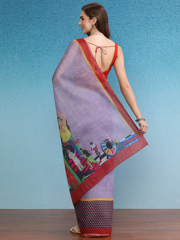 Lavender Silk Cotton Digital Print Solid Saree with Unstitched Blouse - Hiral Fashion | Grocsy