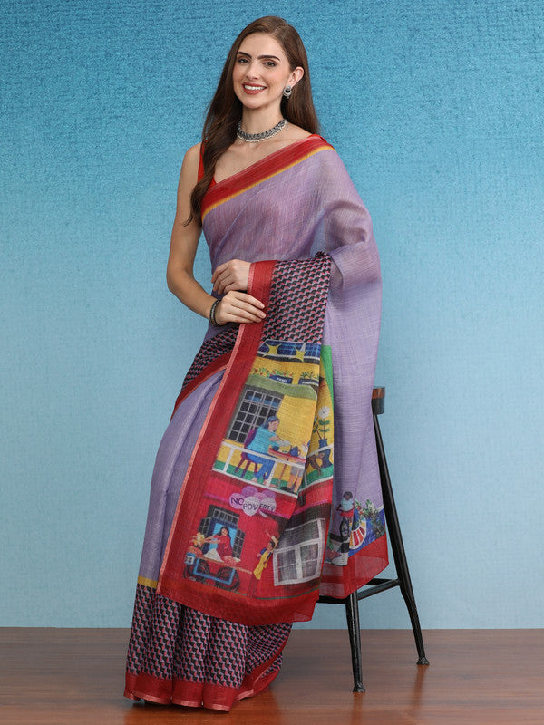 Lavender Silk Cotton Digital Print Solid Saree with Unstitched Blouse - Hiral Fashion | Grocsy