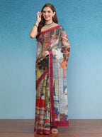 Multicolor Silk Cotton Digital Print Abstract Saree with Unstitched Blouse - Hiral Fashion | Grocsy