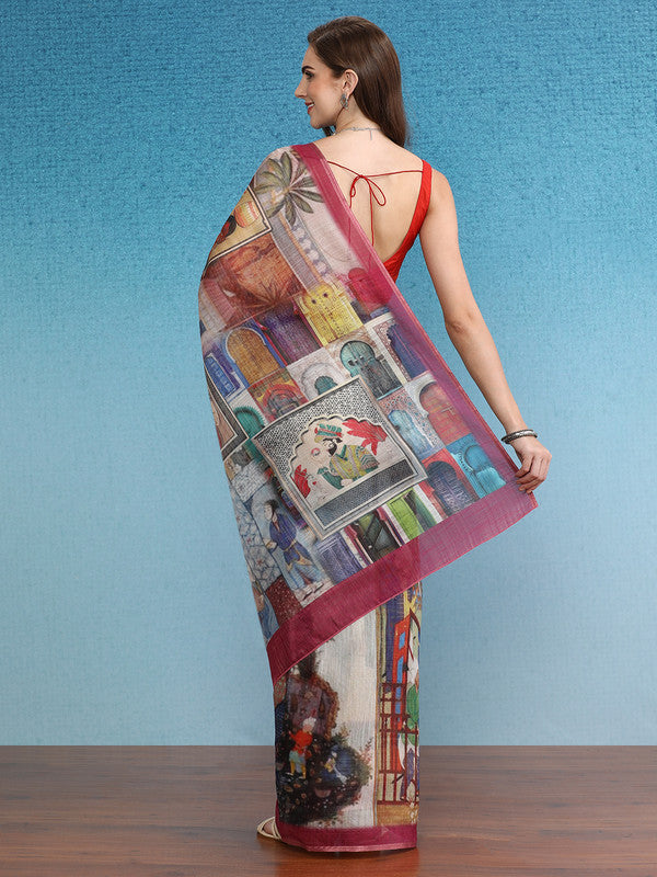 Multicolor Silk Cotton Digital Print Abstract Saree with Unstitched Blouse - Hiral Fashion | Grocsy