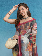Multicolor Silk Cotton Digital Print Abstract Saree with Unstitched Blouse - Hiral Fashion | Grocsy