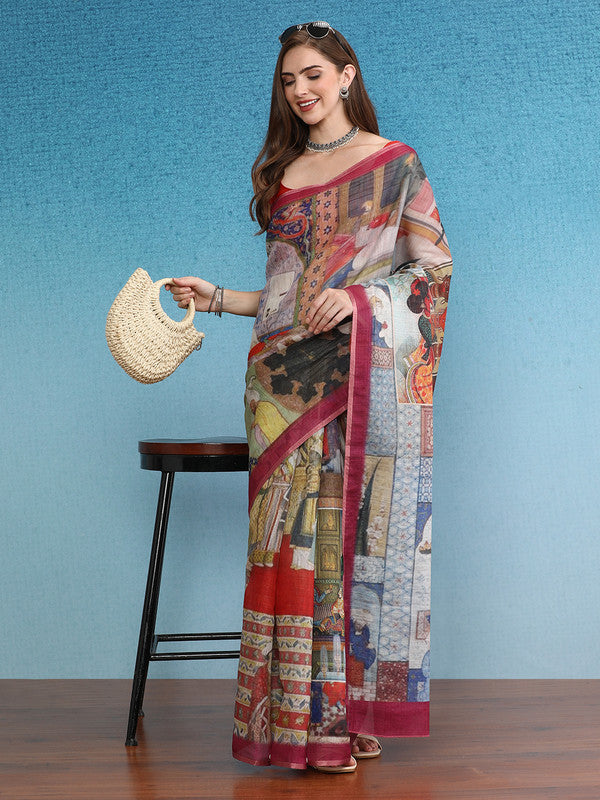 Multicolor Silk Cotton Digital Print Abstract Saree with Unstitched Blouse - Hiral Fashion | Grocsy