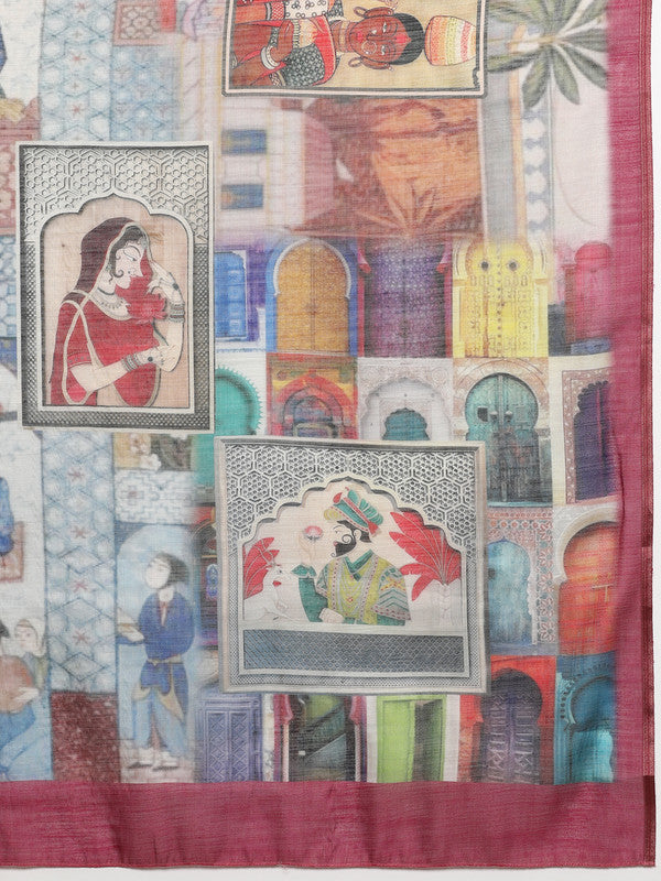 Multicolor Silk Cotton Digital Print Abstract Saree with Unstitched Blouse - Hiral Fashion | Grocsy