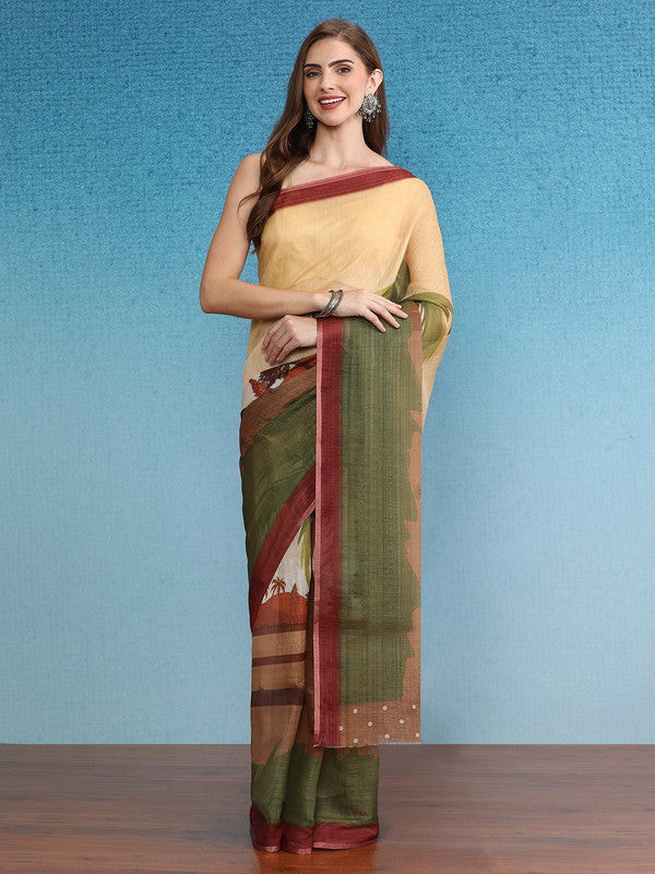Multicolor Silk Cotton Digital Print Floral Saree with Unstitched Blouse - Hiral Fashion | Grocsy