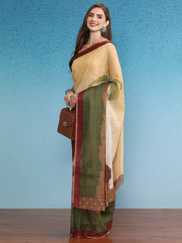 Multicolor Silk Cotton Digital Print Floral Saree with Unstitched Blouse - Hiral Fashion | Grocsy