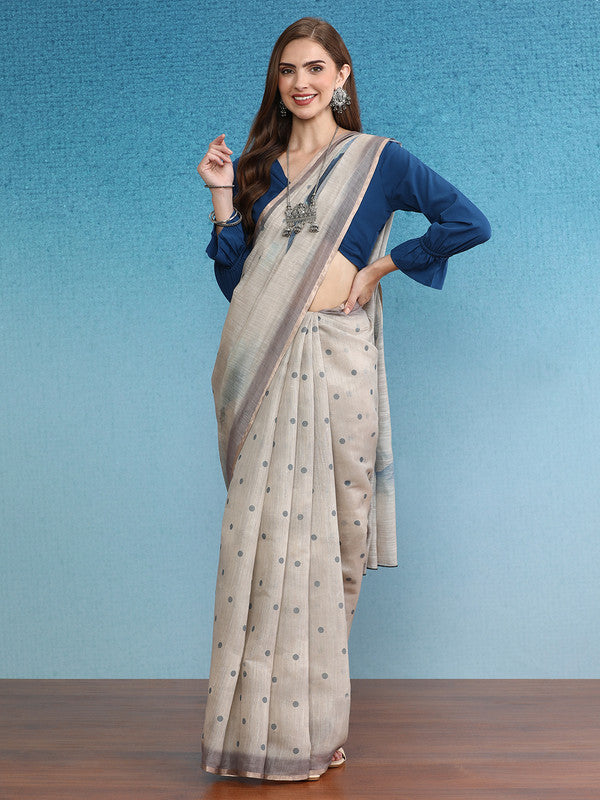 Beige Silk Cotton Digital Print Polka Dots Saree with Unstitched Blouse - Hiral Fashion | Grocsy