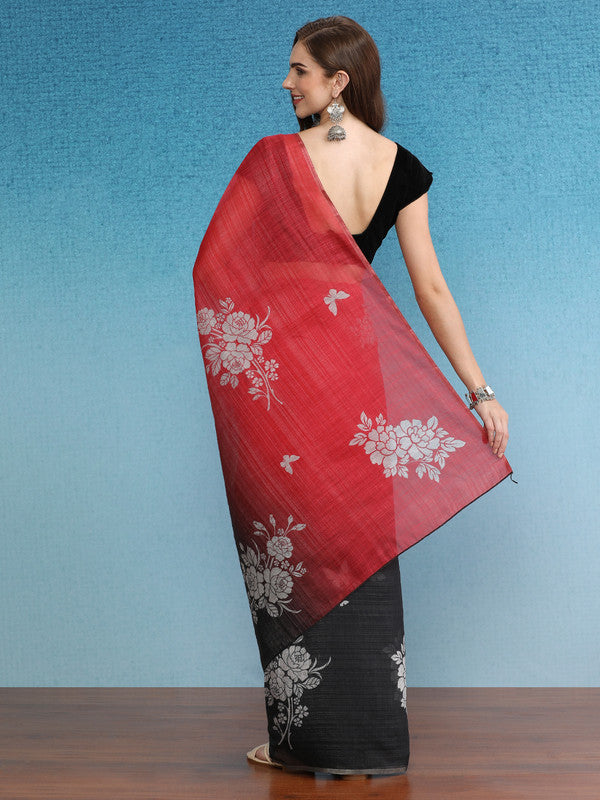 Black Silk Cotton Digital Print Floral Saree with Unstitched Blouse - Hiral Fashion | Grocsy