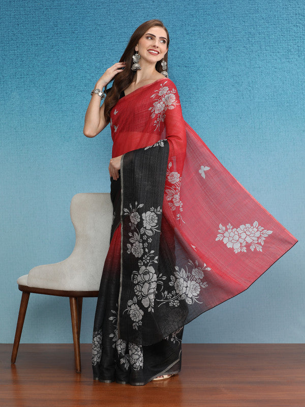 Black Silk Cotton Digital Print Floral Saree with Unstitched Blouse - Hiral Fashion | Grocsy