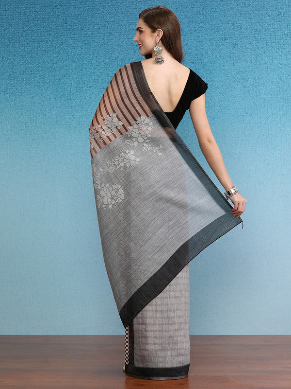 Brown Silk Cotton Digital Print Striped Saree with Unstitched Blouse - Hiral Fashion | Grocsy