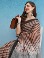 Brown Silk Cotton Digital Print Striped Saree with Unstitched Blouse - Hiral Fashion | Grocsy