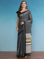 Gray Silk Cotton Digital Print Floral Saree with Unstitched Blouse - Hiral Fashion | Grocsy