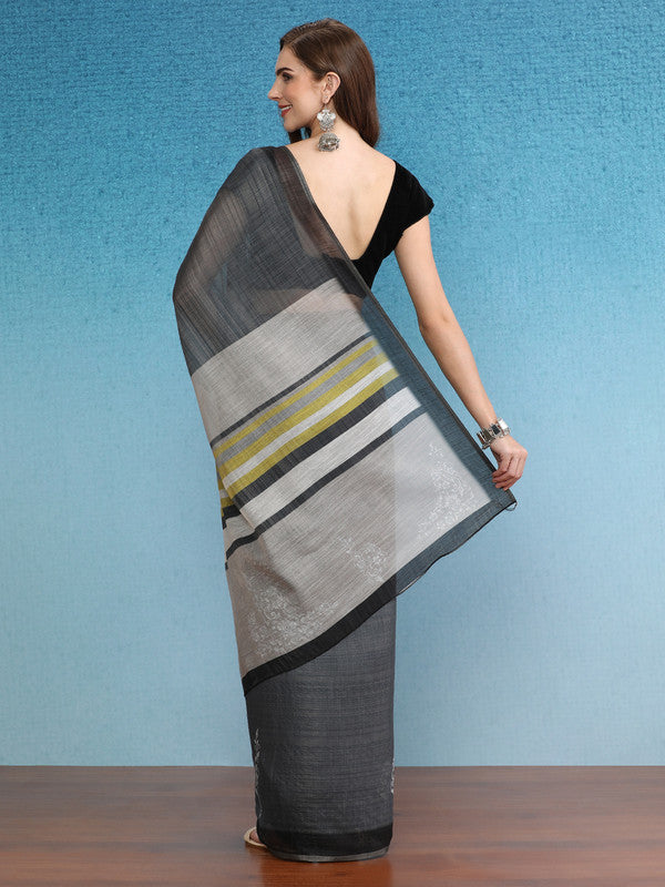 Gray Silk Cotton Digital Print Floral Saree with Unstitched Blouse - Hiral Fashion | Grocsy