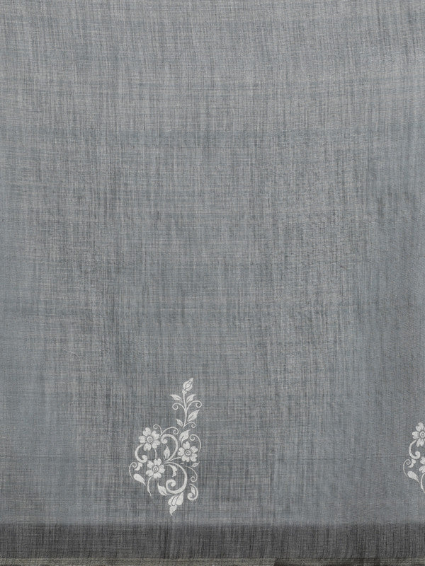 Gray Silk Cotton Digital Print Floral Saree with Unstitched Blouse - Hiral Fashion | Grocsy