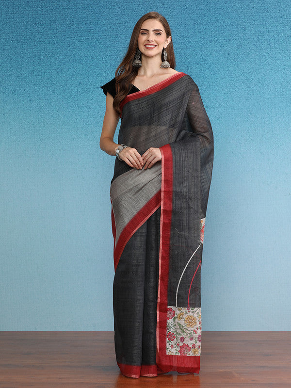 Gray Silk Cotton Digital Print Solid Saree with Unstitched Blouse - Hiral Fashion | Grocsy