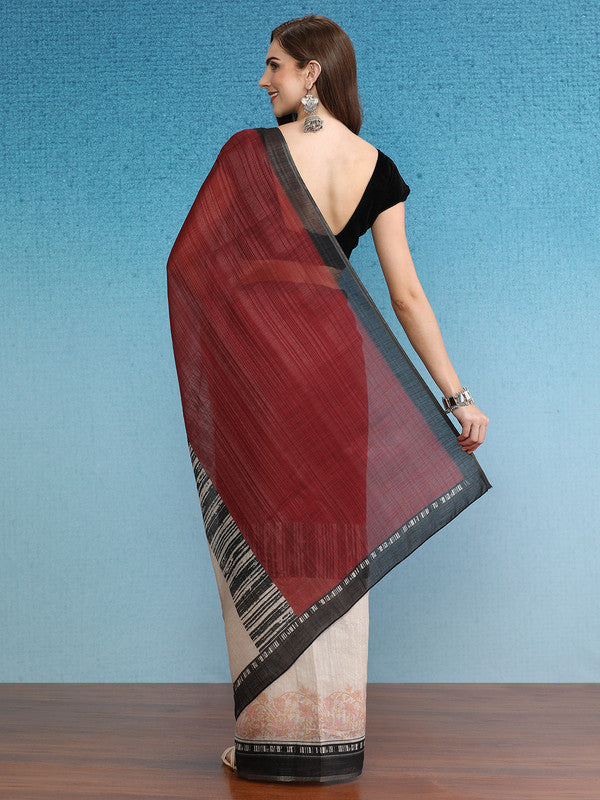 Maroon Silk Cotton Digital Print Solid Saree with Unstitched Blouse - Hiral Fashion | Grocsy