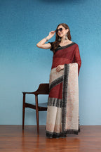 Maroon Silk Cotton Digital Print Solid Saree with Unstitched Blouse - Hiral Fashion | Grocsy