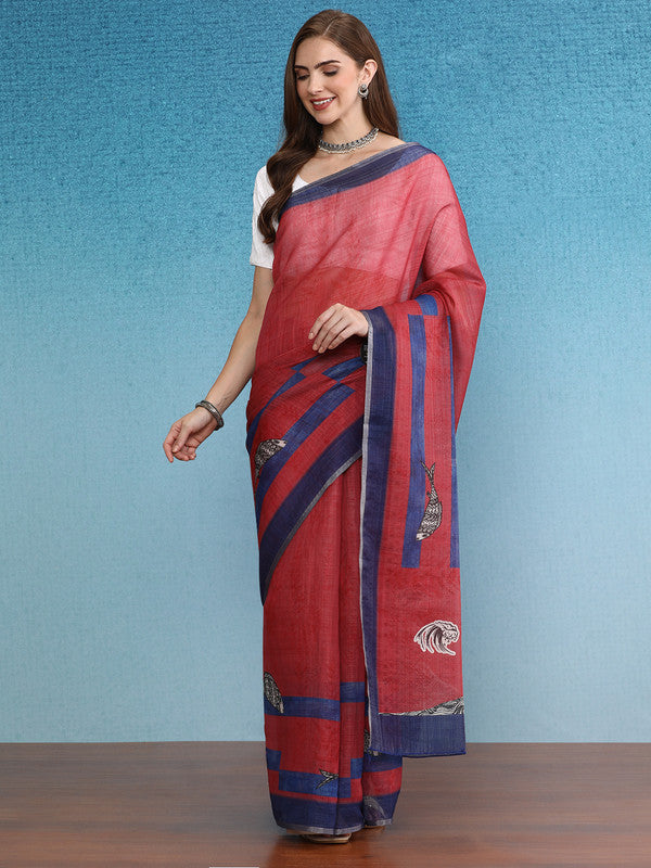 Red Silk Cotton Digital Print Solid Saree with Unstitched Blouse - Hiral Fashion | Grocsy