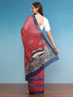 Red Silk Cotton Digital Print Solid Saree with Unstitched Blouse - Hiral Fashion | Grocsy