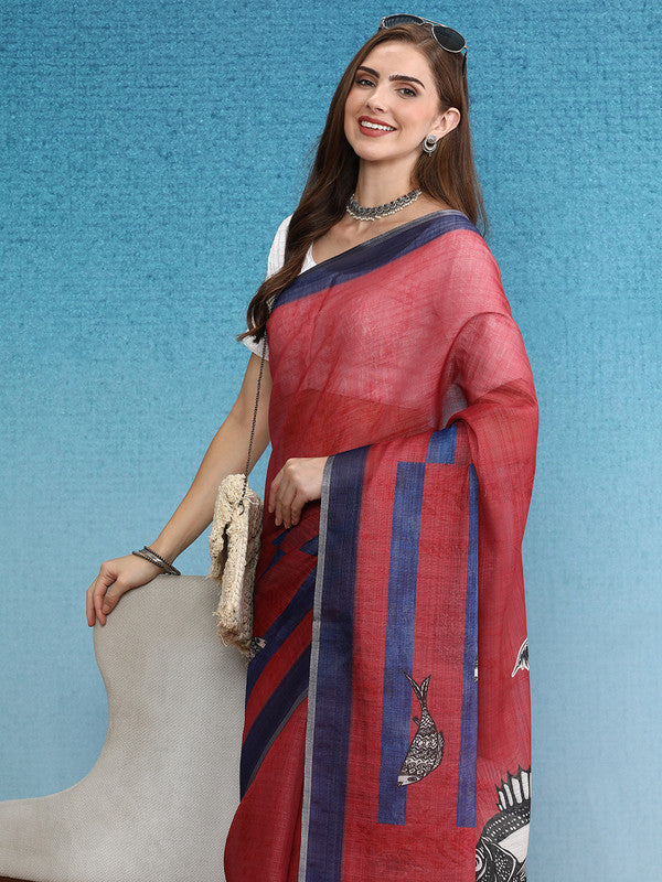 Red Silk Cotton Digital Print Solid Saree with Unstitched Blouse - Hiral Fashion | Grocsy