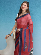 Red Silk Cotton Digital Print Solid Saree with Unstitched Blouse - Hiral Fashion | Grocsy