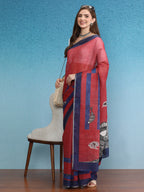 Red Silk Cotton Digital Print Solid Saree with Unstitched Blouse - Hiral Fashion | Grocsy