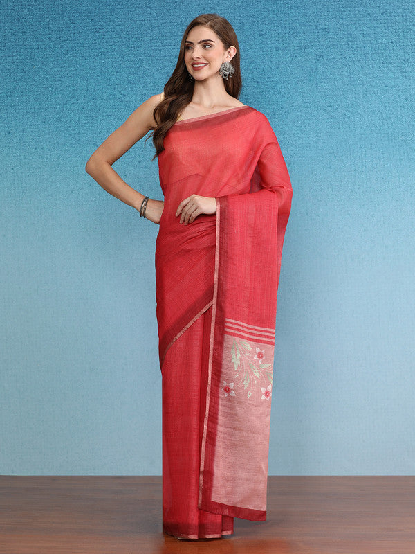 Red Silk Cotton Digital Print Solid Saree with Unstitched Blouse - Hiral Fashion | Grocsy